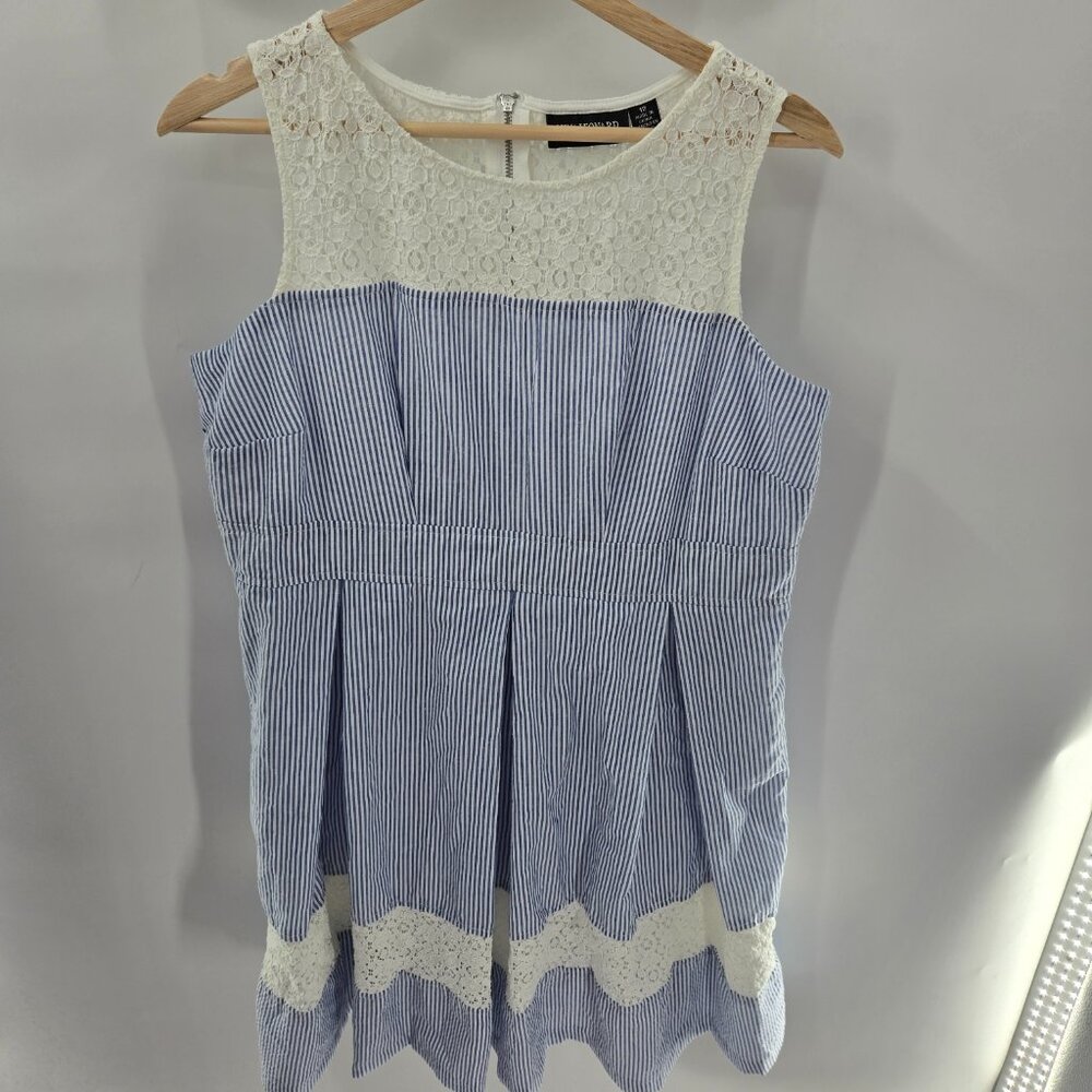 Nina Leonard White Blue Vertical Stripes Coastal Lace Mini Dress Size 12